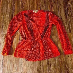 Womens Michael Kors Orange Black Print Peplum Knit Poly Top XS